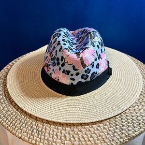 New Lucky 7 Blue & Pink Floral Animal Print Black  Ribbon Wide Brim Sun Hat